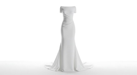 White long wedding dress isolated on transparent background. Bridal fashion and elegance clothing style, woman female person in marriage, bride beauty, full body, girl, mock up