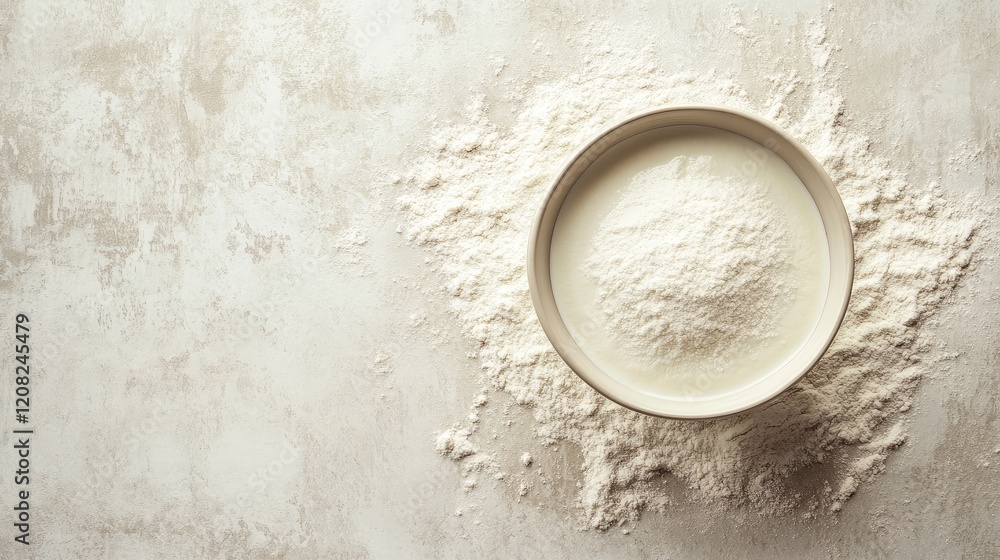 Aufkleber bowl of flour on rustic surface for pizzeria advertisement with empty space for text ideal for food 