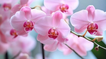 Close-up view of blooming pink phalaenopsis orchid flowers showcasing delicate petals and vibrant colors in natural light