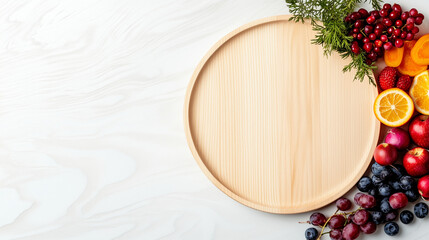 Rote Beeren und aufgeschnittene Orangen liegen im Halbkreis an einem runden Holzteller, helle, isolierte Freifläche links davon, Querformat
