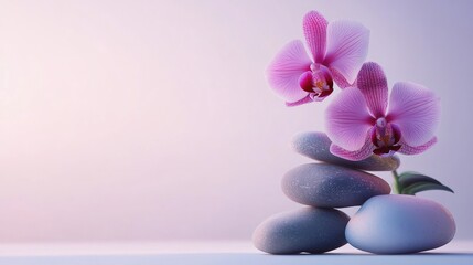 Pink orchids and stacked stones symbolizing tranquility and balance on a serene white background for wellness and relaxation themes.