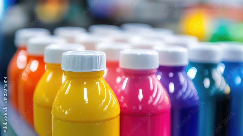 Poster colorful paint bottles in a row with selective focus showcasing vibrant hues and artistic potential 