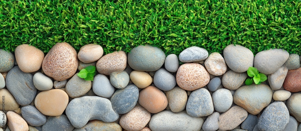 Poster textured garden backdrop featuring smooth pebbles in soft beige and gray tones with vibrant green gr