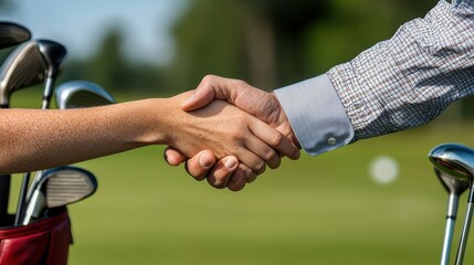 On a beautiful golf course, a man and woman shake hands, showcasing collaboration and sportsmanship essential to golf. Golf clubs and bags in the background enhance the atmosphere of this sport