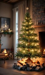Christmas tree in front of a crackling fireplace, crackling flames, holiday, winter wonderland