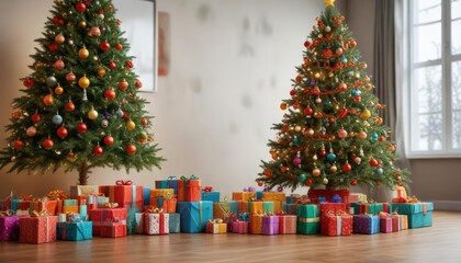 Christmas tree with a large number of gifts wrapped in colorful paper around its base, festive scene, gift arrangement