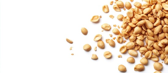 Golden roasted peanut chips scattered on a pristine white background with ample negative space for promotional text or culinary design layouts.