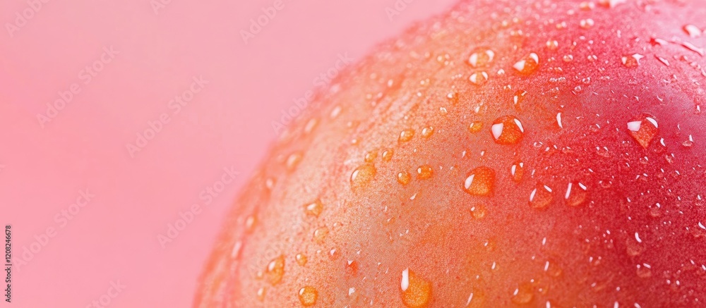 Aufkleber fresh macro close-up of juicy peach with water droplets on vibrant pink background and blank space f