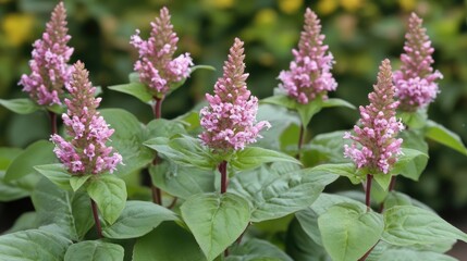 Wild basil with pink flowers showcasing vibrant blooms and lush green foliage in a natural outdoor setting. Ideal for floral themes.