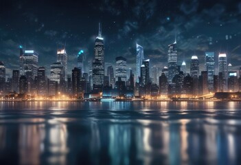 Fototapeta premium City landscape at night with blurred lights creating a swirling abstract bokeh effect on a bright blue background , urban, evening