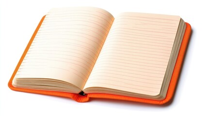Open orange lined paper notebook with blank pages on a clean white background representing note taking and idea documentation.