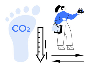Woman holding shopping bags, diagram with footprint labeled CO2, downward arrow indicating reduction, two horizontal arrows. Ideal for sustainability, eco-friendly living, carbon reduction