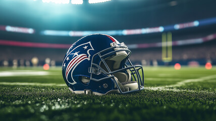 Photograph of a football helmet with Super Bowl branding, placed on a field under the stadium lights