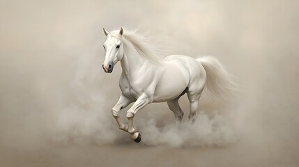 Obraz premium Majestic white horse galloping through a misty landscape, creating an ethereal atmosphere