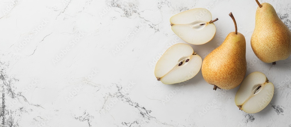 Poster Fresh ripe pears and sliced halves on a light marble background with ample empty space for text and design layouts