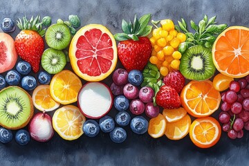 Whimsical Watercolor Spread of Five Colorful Fruit Varieties