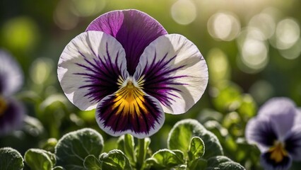 Pansy Flower Close-up in White, Purple, and Yellow Colors Representing Delicate Beauty

