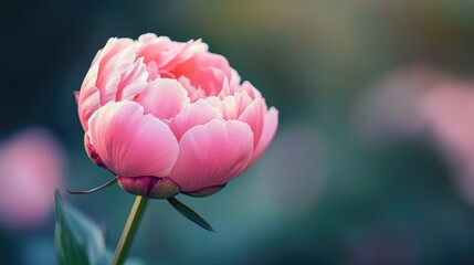 Close up of a beautiful pink peony flower bud showcasing delicate petals against a soft blurred background in natural light