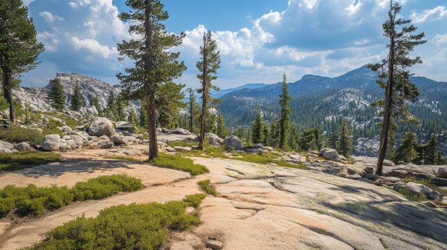 Summer hiking trail with pink granite bedrock and pine trees showcasing scenic mountain landscape and vibrant natural beauty.