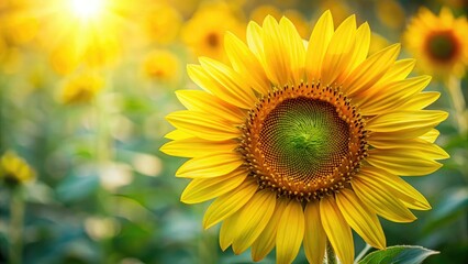 Obraz premium Close-up of a single bright yellow sunflower facing the camera with gentle petals, sunny, blossom, morning