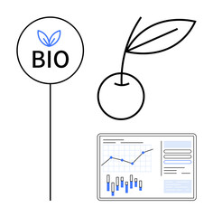Bio sign with leaf icon, organic plant with leaves, and screen displaying data analytics chart and graphs. Ideal for eco-friendly products, organic farming, sustainability, environmental awareness