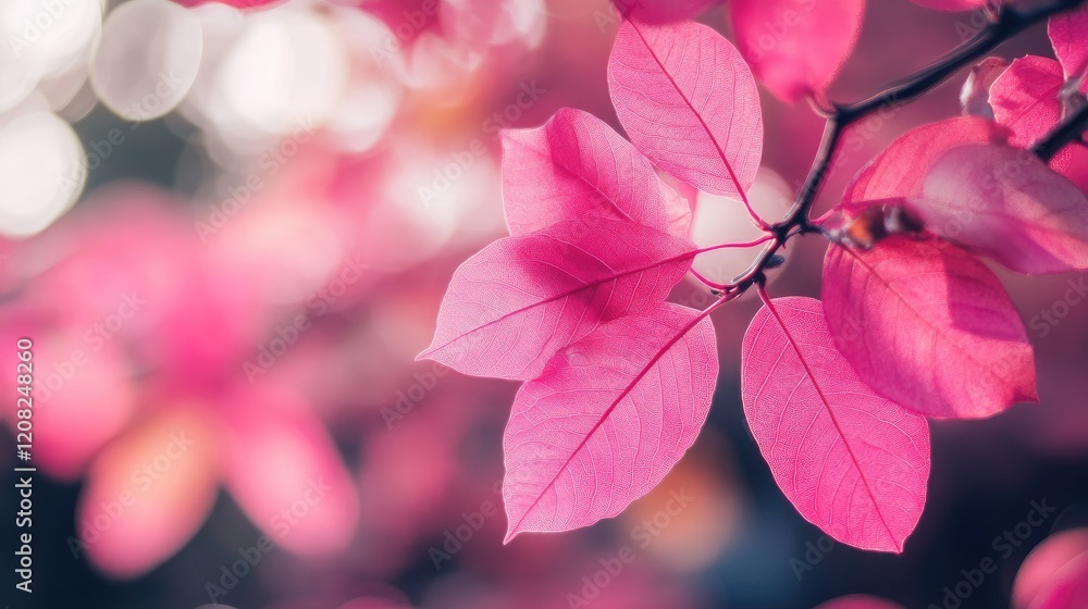 Poster pink leaf background with blurred leaves and circular bokeh for abstract wallpaper and design use