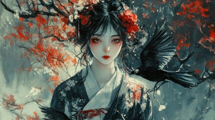 Serene Asian Woman amidst Blossoms and Raven