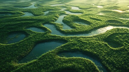 Lush green paddy fields with winding water channels reflecting morning light in a tranquil agricultural landscape