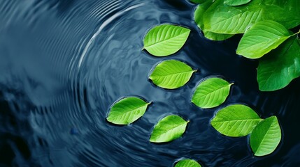 Tranquil Green Leaves on Water - Serene nature scene, symbolizing peace, renewal, growth, purity, and harmony.  Green leaves gently float on calm water.