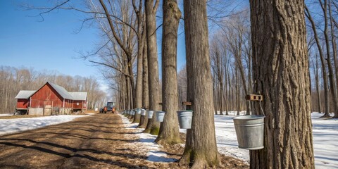 Harvesting maple syrup at a tapped maple farm northeast usa agricultural landscape daytime view sweet production
