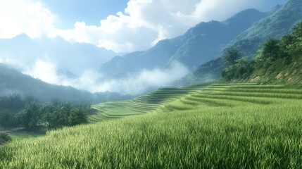 Obraz premium Serene Paddy Fields Nestled in Majestic Mountains Under a Bright Sky with Lush Green Terraces and Misty Landscape