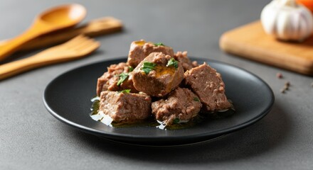 Plate of seasoned meat cubes garnished with herbs, served utensils on wooden surface