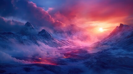 Fototapeta premium Vibrant volcanic landscape at sunset featuring colorful mountains, snowy skies, steam vents, and a dramatic lava flow in the foreground