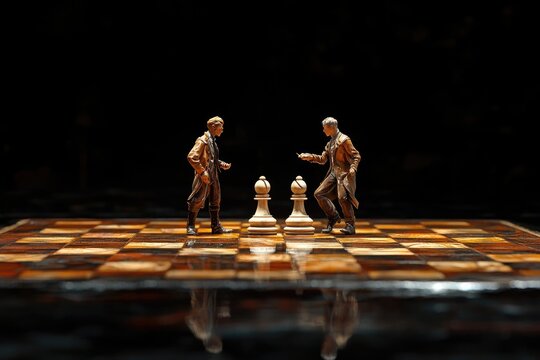 Two miniature figures, resembling chess pieces, stand facing each other on a chessboard, a symbolic representation of a strategic encounter.