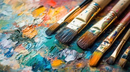 Fototapeta premium Artistic Paint Brushes and Color Palette Close-Up for Creative Expression and Design Inspiration