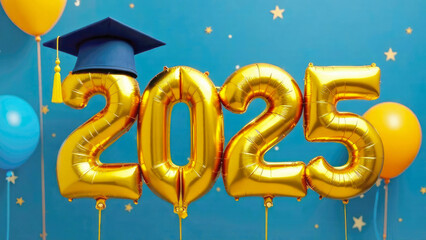 Gold text made from air balloon "2025" with graduation hat with tessel and confetti on blue background. Theme of graduation concept