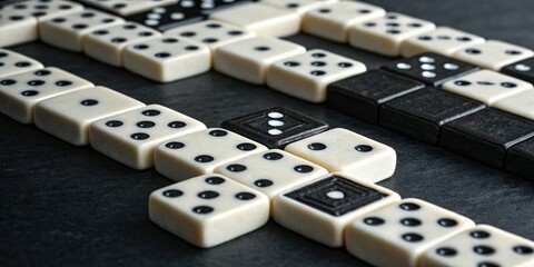 Close-up of intricately arranged black and white blocks on a dark background, forming a mesmerizing pattern, geometric patterns, abstract art, intricate design, visual interest, mosaic effect