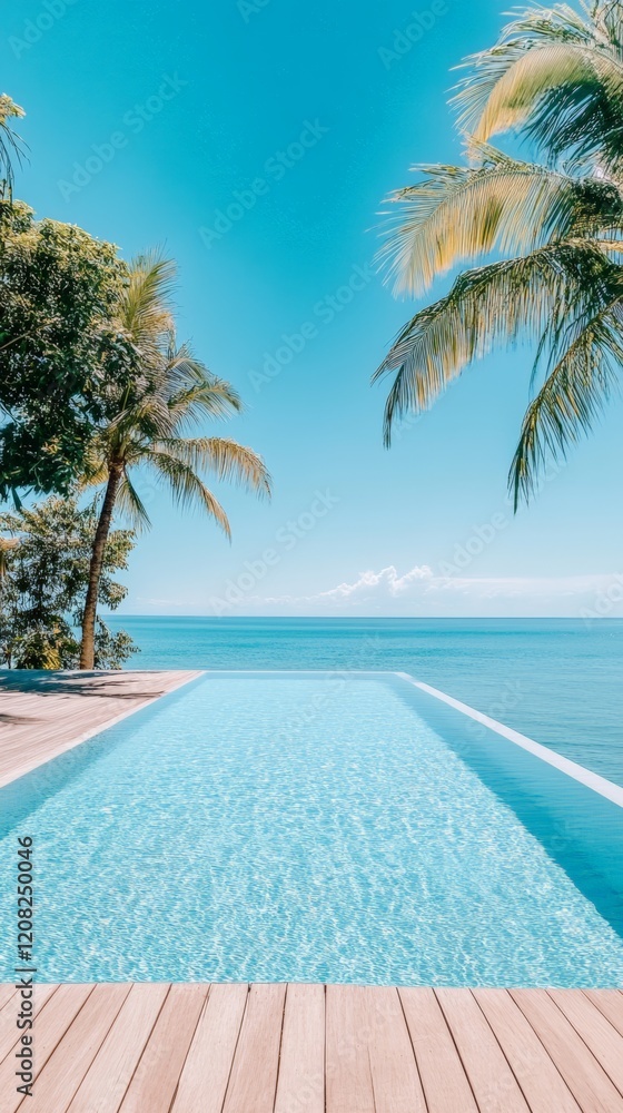 Aufkleber luxury infinity pool merging with tranquil turquoise ocean, framed by lush palm trees under a clear 