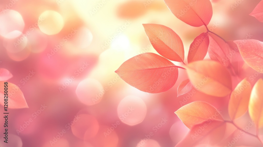 Poster soft pink leaves with a dreamy bokeh effect illuminated by warm sunlight creating an abstract natura