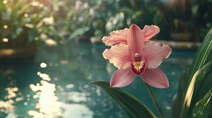 Delicate pink orchid flower blooming beside tranquil water in a lush garden filled with greenery and soft natural light.