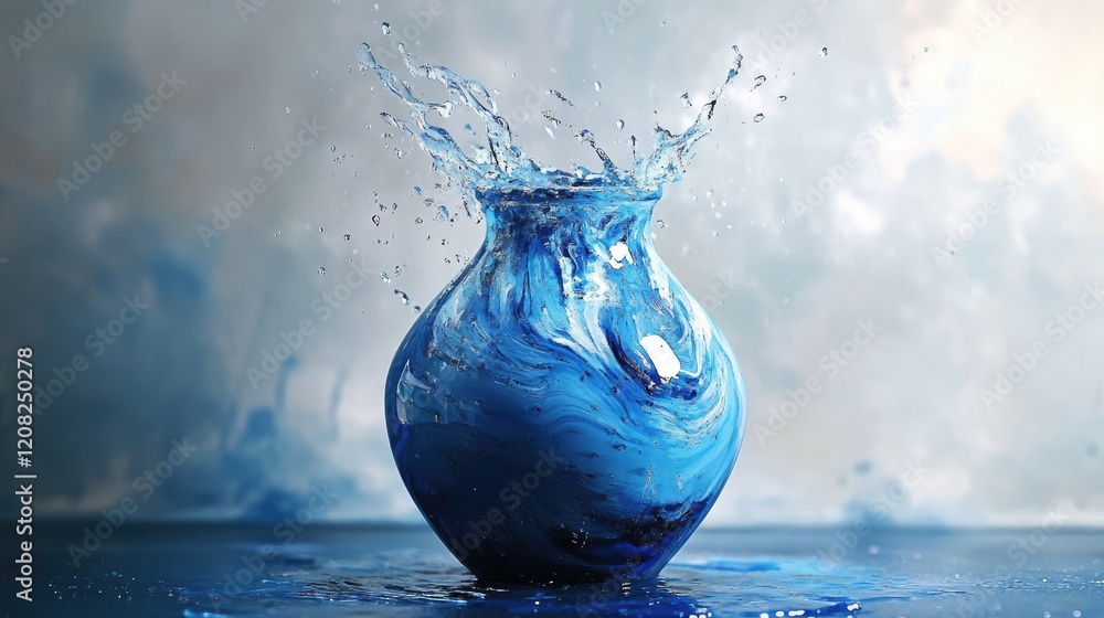 Poster blue paint splashing in a vase filled with water creating vibrant artistic waves and reflections in 