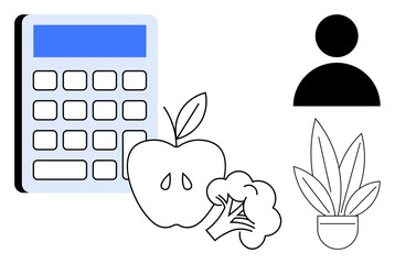Calculator next to apple, broccoli, person, and potted plant. Ideal for personal finance, health, nutrition, wellness eco-friendly living organic food and self-care themes. Flat abstract line