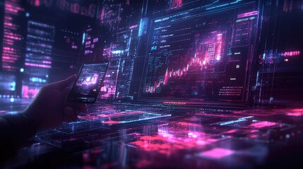 Futuristic Digital Stock Trading Interface with Holographic Charts and Data Visualization