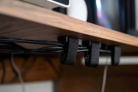 cable management under wooden desk using black velcro straps, showcasing organized wiring setup for efficient workspace arrangement, close-up view