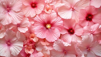 Pink Hibiscus flowers in full bloom creating a vibrant floral background in a lush garden setting. Perfect for botanical themed designs.
