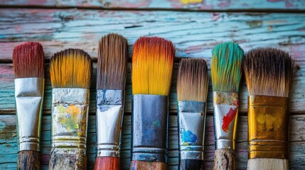 Fototapeta premium Colorful paint brushes arranged on weathered wooden surface capturing the essence of artistic creativity and craftsmanship.