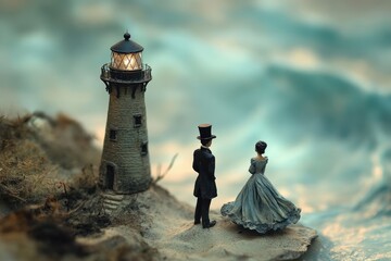 A miniature couple stands by a lit lighthouse on a cliff overlooking a stormy sea, symbolizing guidance and enduring love.
