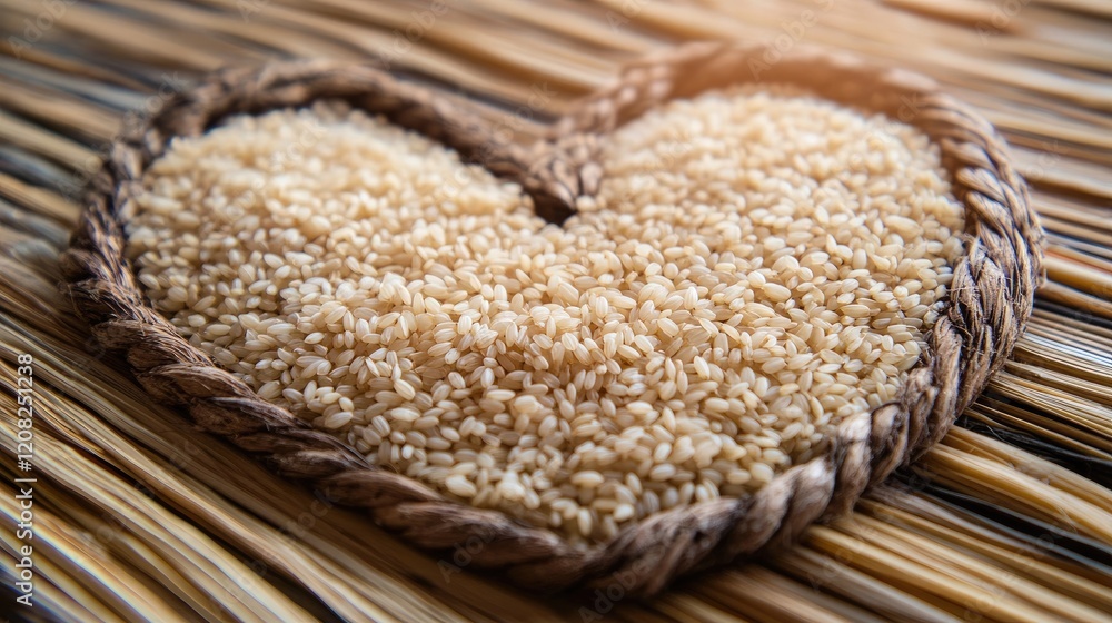 Poster sesame seeds arranged in a heart shape surrounded by natural fibers on a rustic floor for a warm and