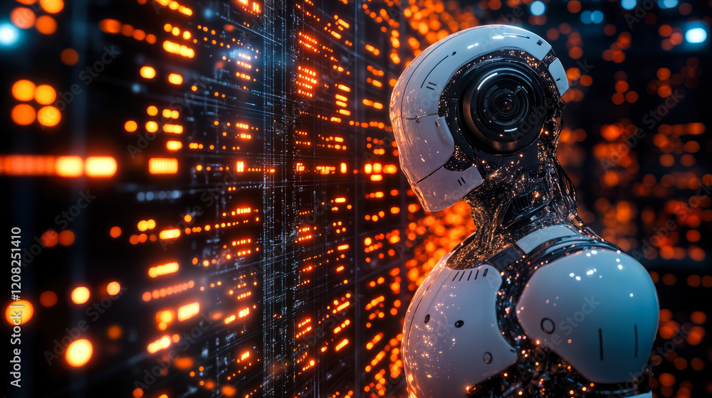 Poster futuristic ai robot interacting with digital interface in technology environment