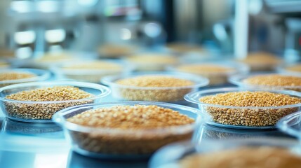 Paddy seeds in laboratory petri dishes for agricultural research and experimentation on plant growth and seed viability
